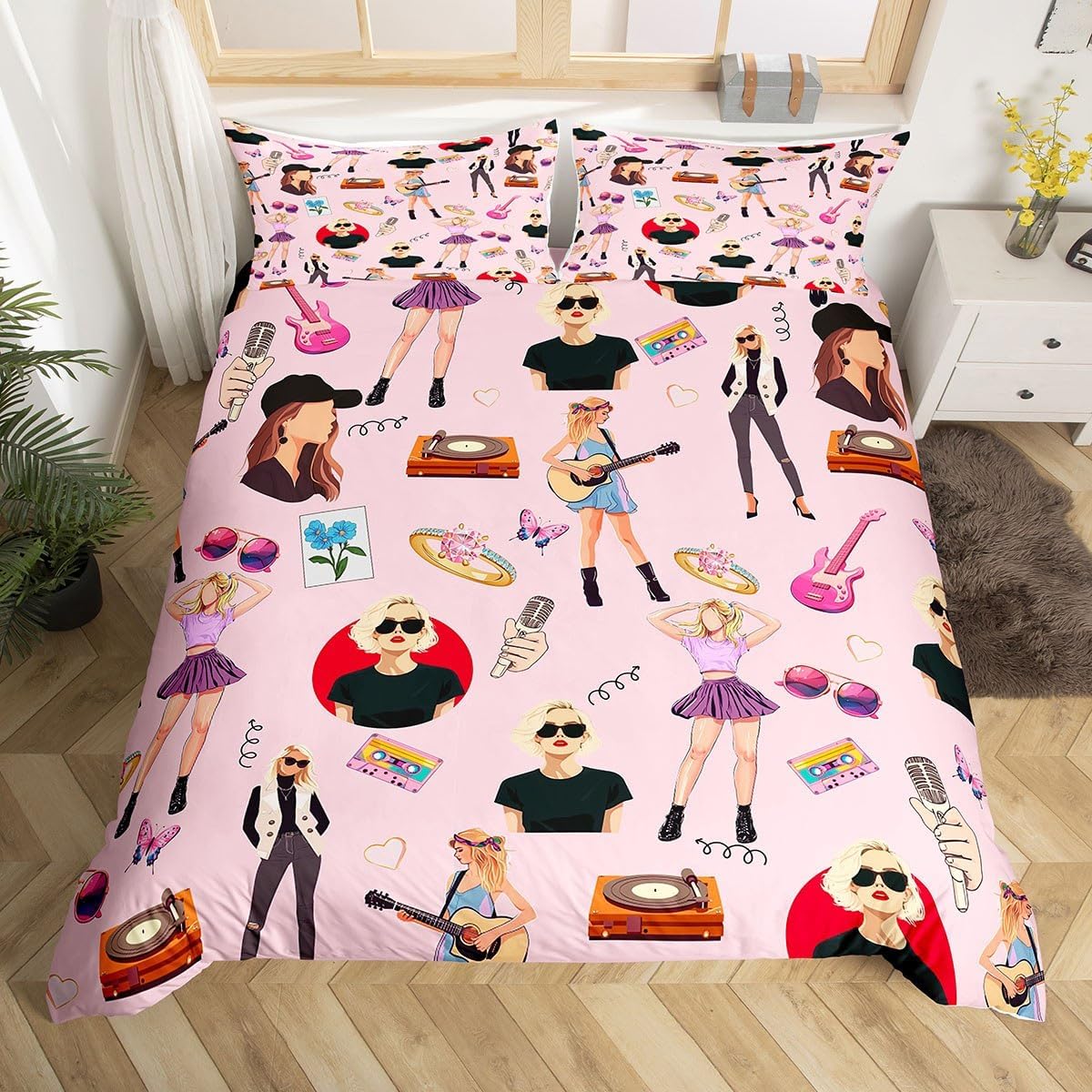 jejeloiu Music Bedding Set Full Size Girls Singer Comforter Cover Gifts for Women Music Lovers Girly Guitar Duvet Cover Coworker Sister Friends Bedspread Pink Room Decor