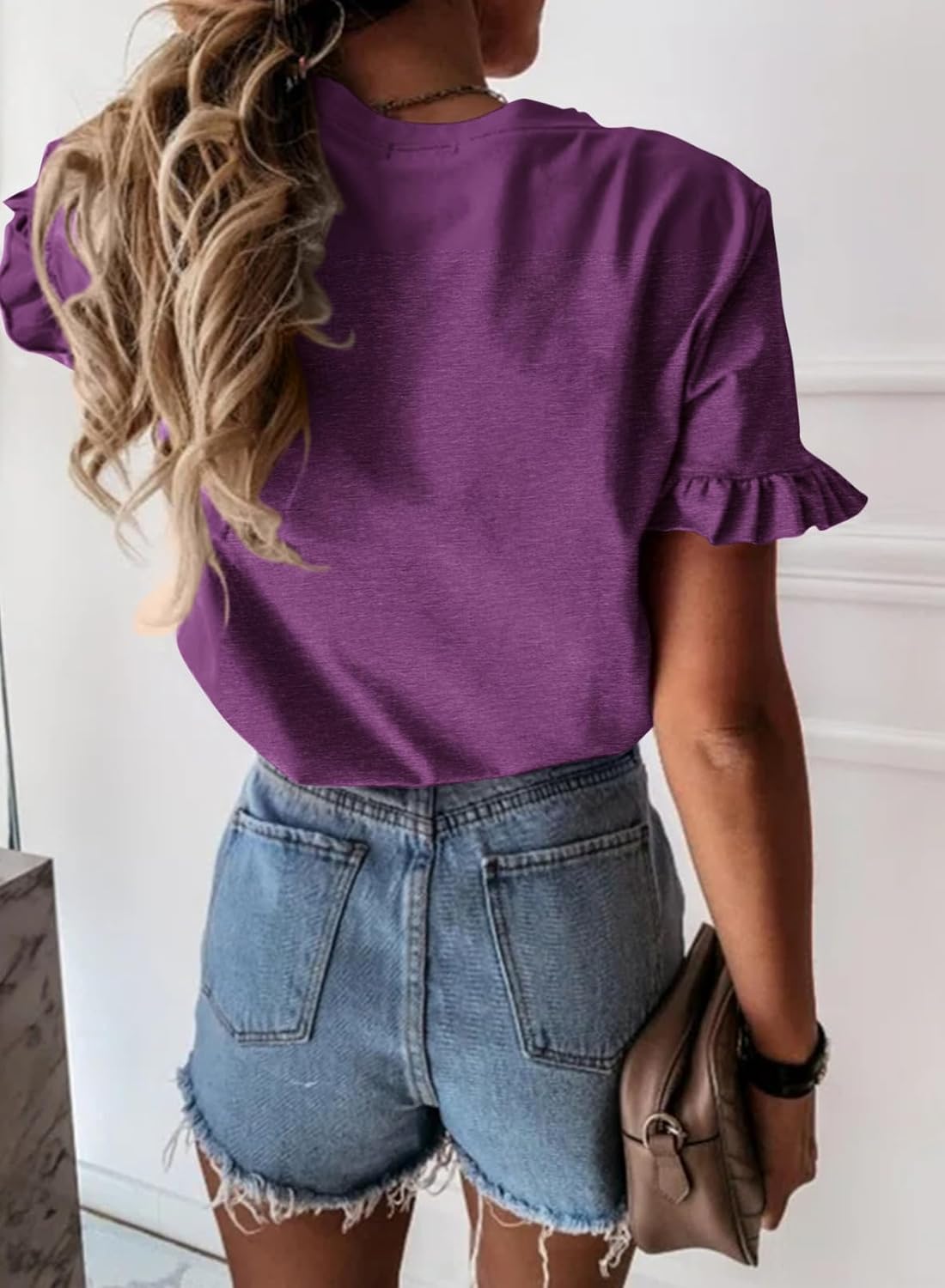 PRETTYGARDEN Women's Short Sleeve Casual T Shirts Summer Ruffle Plain Round Neck Loose Fit Tee Blouse Tops - Image 3
