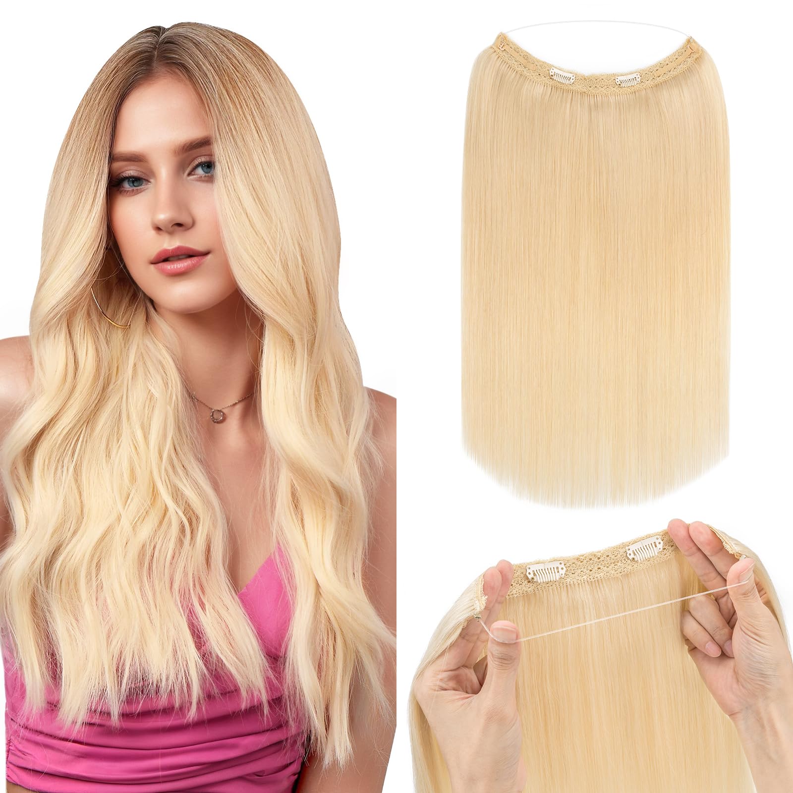 Silk-co Secret Wire In Hair Extensions With Clip Invisible Remy Human Hair One Piece Straight Natural Invisible Adjustable Secret Wire Hairpiece Extensions 12 Inch-55g #60 Platinum Blonde