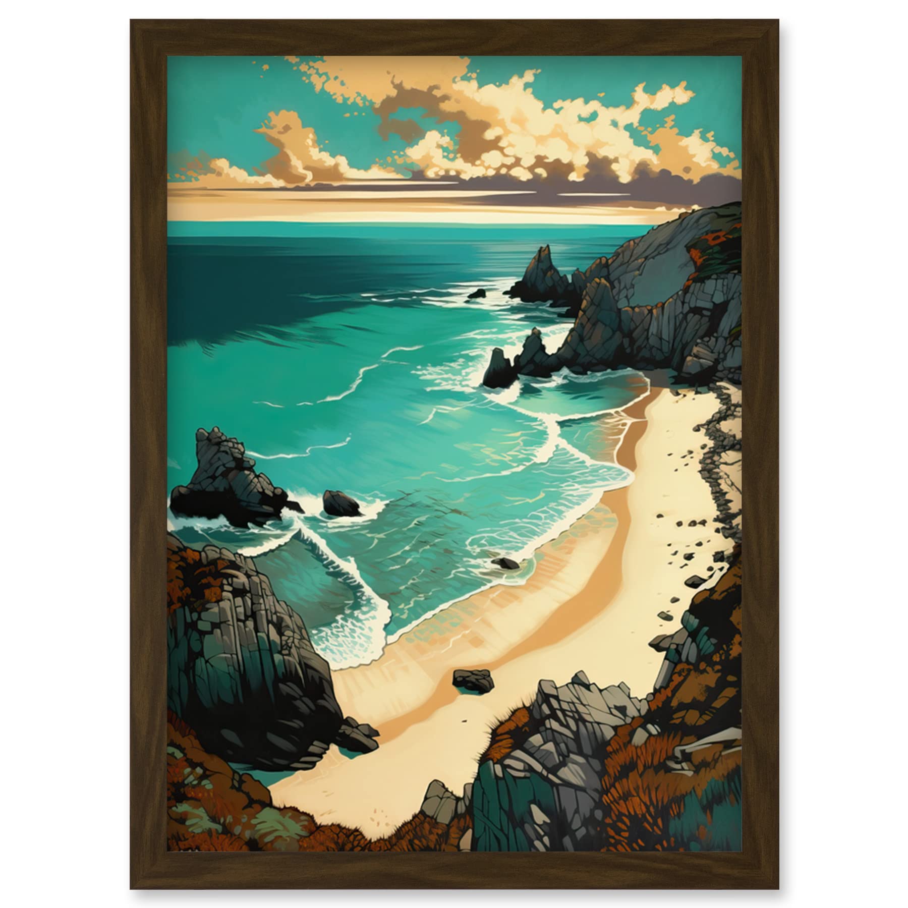 Artery8 Porthcurno Sandy Beach Cliffs Coastal Landscape Artwork Framed Wall Art Print A4
