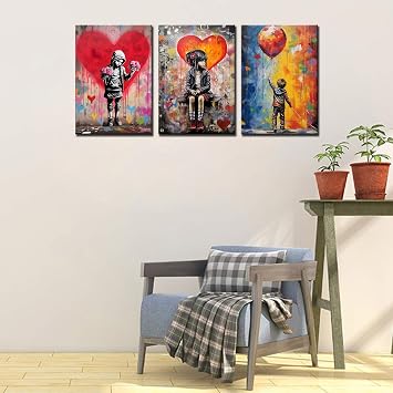 Graffiti Prints Poster Banksy Love Wall Art Girl Boy Balloon Canvas Art Colorful Scribble Street Wall Picture Room Decor Watercolour Style for Livingroom Decor Artwork Stretched Easy to Hang 42”Wx20”H