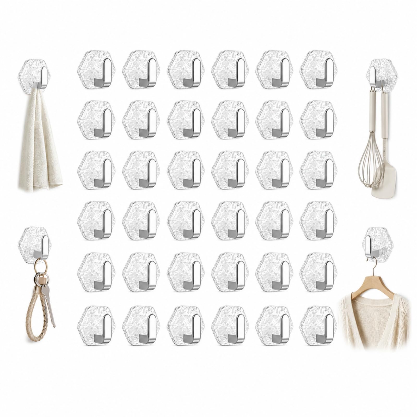 ZrdlqlLcjxy Water Ripple Hexagonal Self Adhesive Hooks, Drill Free Wall Hangers, Transparent Key Holder for Bathroom, Kitchen, Office, Living Room，30Pcs（Silver）