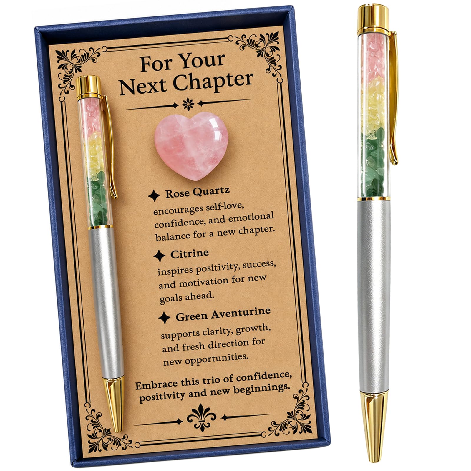 Next Chapter Gift for Women, Crystal Pen & Rose Quartz Heart Gifts Set, Inspirational Gift for New Job, New Opportunities, Retirement, Friend, Sister, Daughter,