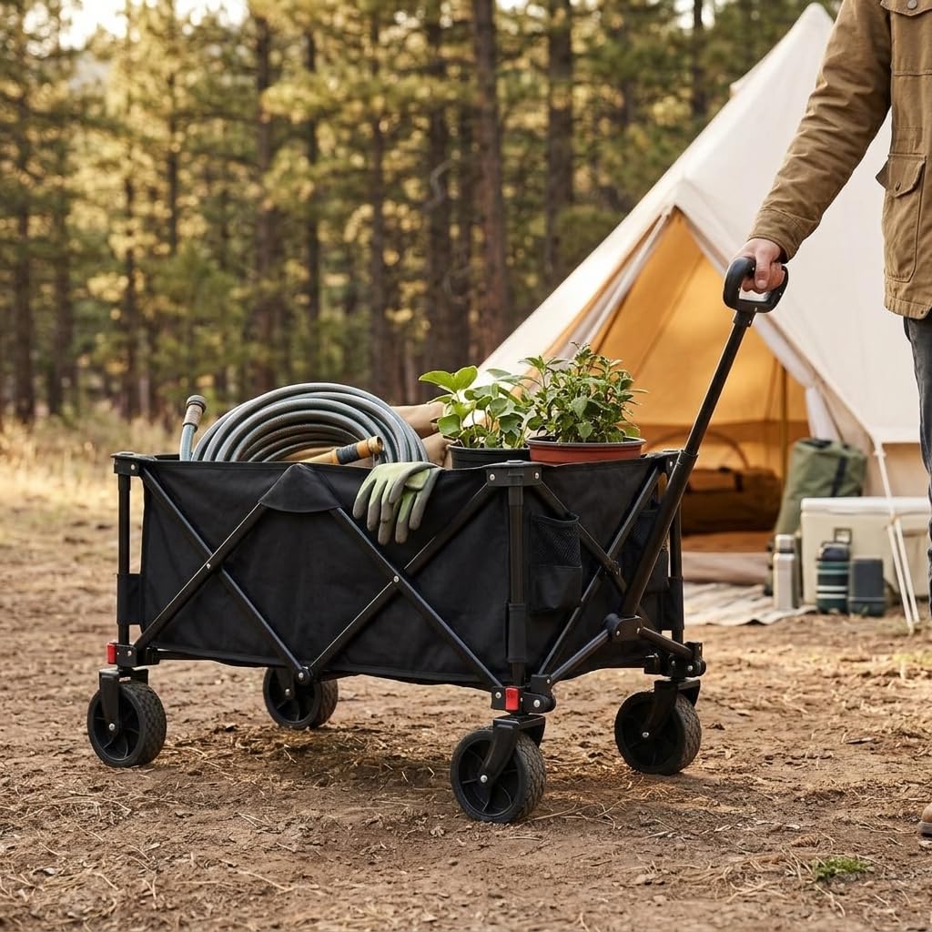 Faltbarer Bollerwagen mit All-Terrain-Rädern, Schwerlast Gartenwagen aus Stahlrahmen mit Verstellbarem Griff, Outdoor Transportwagen für Camping Einkaufen Sport Angeln, Schwarz