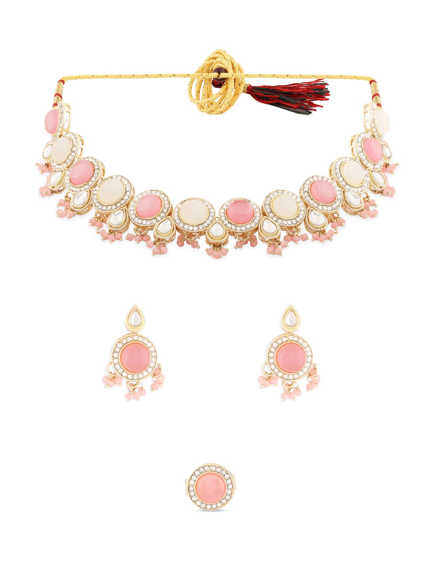 ZAVERI PEARLS Pink Kundan Dazzling Austrian Diamonds & Artificial Stones Embellished Necklace Earring & Ring Set For Women-ZPFK17099 (B0CPXVJ2G9) Amazon Price History, Amazon Price Tracker