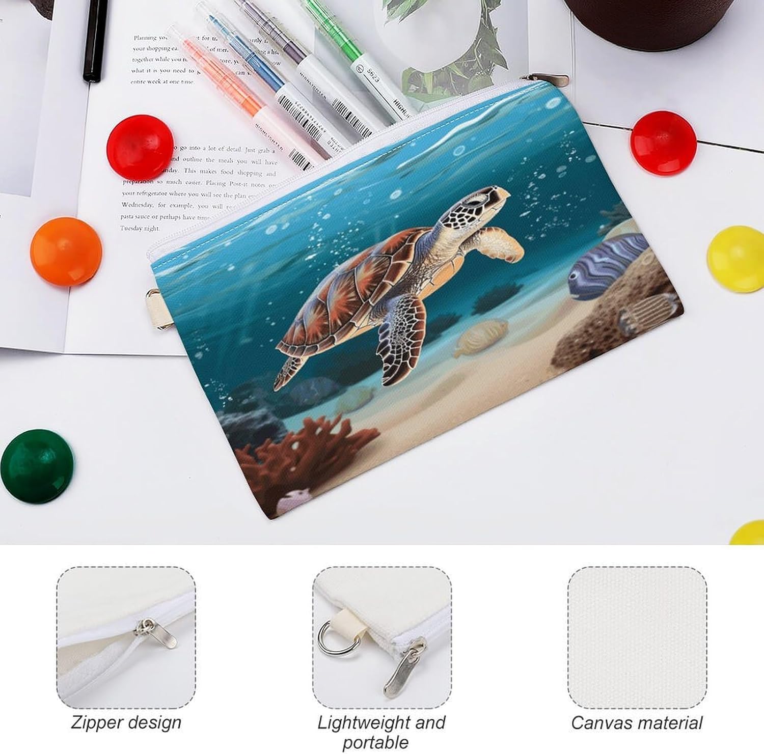 Sea Turtle Swimming Coin Purse Fashion Mini Change Wallet With Zipper Cute Canvas Coin Bag Small Makeup Bag Portable Change Pouch Change Holder Coin Pouch Change Bags image 3