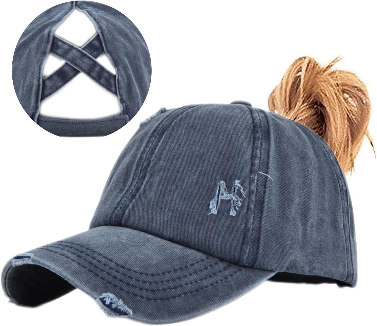Enwokran Women Ponytail Hat Baseball Cap, Adjustable Criss Cross Messy Buns Ponycaps High Bun Cotton Distressed Hats