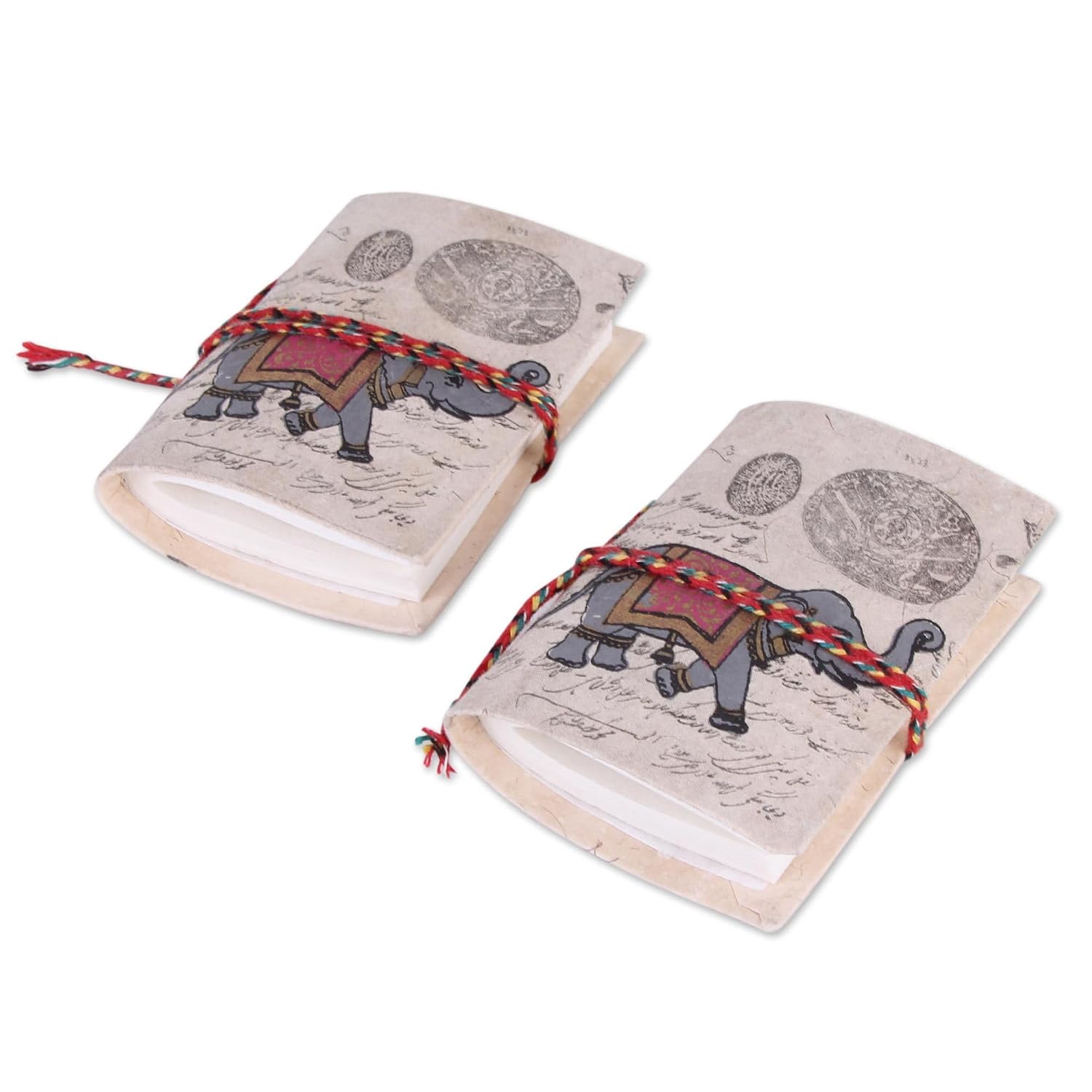 NOVICA Artisan Handmade Paper Minijournals 2 from India with Marching Elephants Beige Decor Accessories Hazelnut Animal Themed Bohemian [number of Pages Each 48 Pages 3in H x 2.2in W x 0.6in D] '