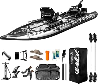 Spatium Tabla de pesca inflable para adultos de 11 x 48 x 6 pulgadas, kayak de pesca con accesorios de primera calidad, 2 soportes para cañas de pescar, asiento giratorio, tabla de remo de pesca