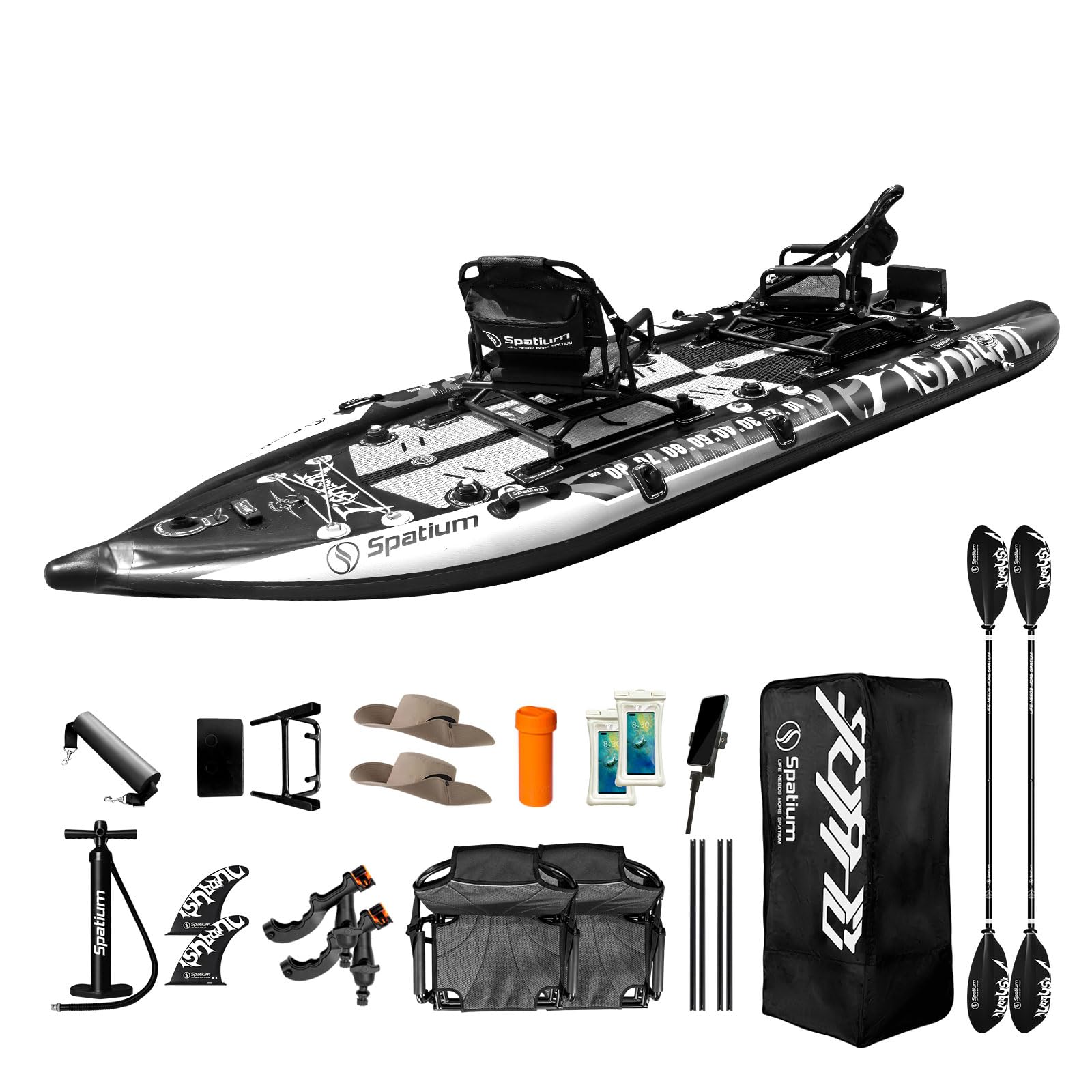 Spatium Tavola da pesca SUP gonfiabile Stand Up Paddle Board per adulti 11 '* 121,9 * 15,2 cm, kayak da pesca con accessori di alta qualità, 2 supporti per canna da pesca, sedile girevole