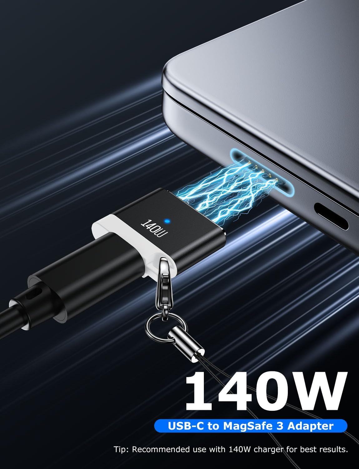 140W USB C to Magnetic 3 Adapter with Lanyard, Portable and Lightweight with LED Light Adaptor, Magnetic to C Adapter Fit for MacBook Pro(M1-M5, 2021-2025)14"/16", MacBook Air(M2-M5, 2023-2025)13"/15"