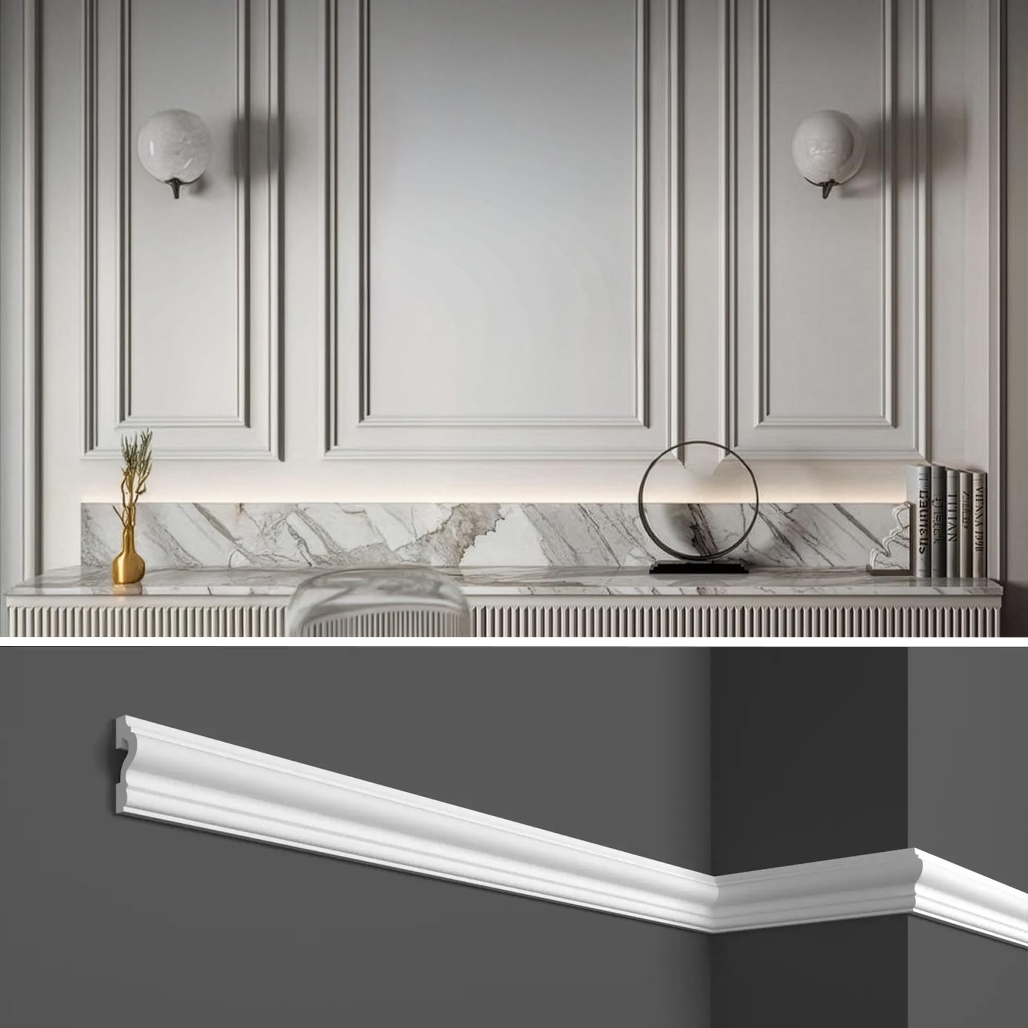 Cornici boiserie per parete, 12 metri, in duropolimero bianco robusto (meglio del polistirolo e gesso), da applicare a muro, 12 pezzi da 1 metro (HCR517 (cornici 12pz)