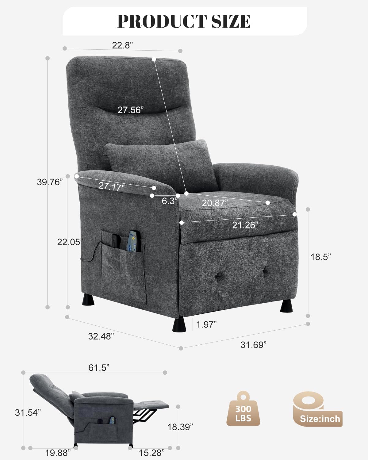 Electric Power Recliner Chair for Adults with Heat and Vibration Massage, Lumbar Support, Comfortable Reclining Sofa Chair for Living Room