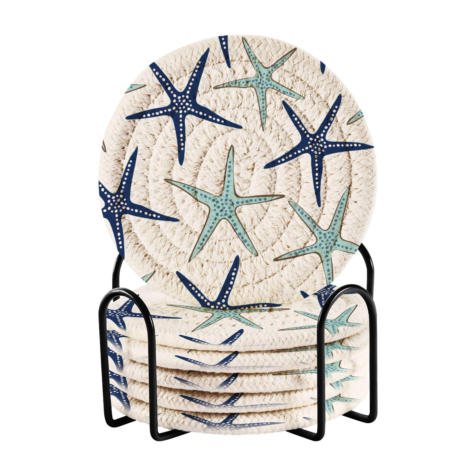 Coastal Coasters Set of 6 Starfish Cotton Coasters for Drinks with Holder, Beach Navy Blue Absorbent Decorative Bar Woven for Coffee Table Protection