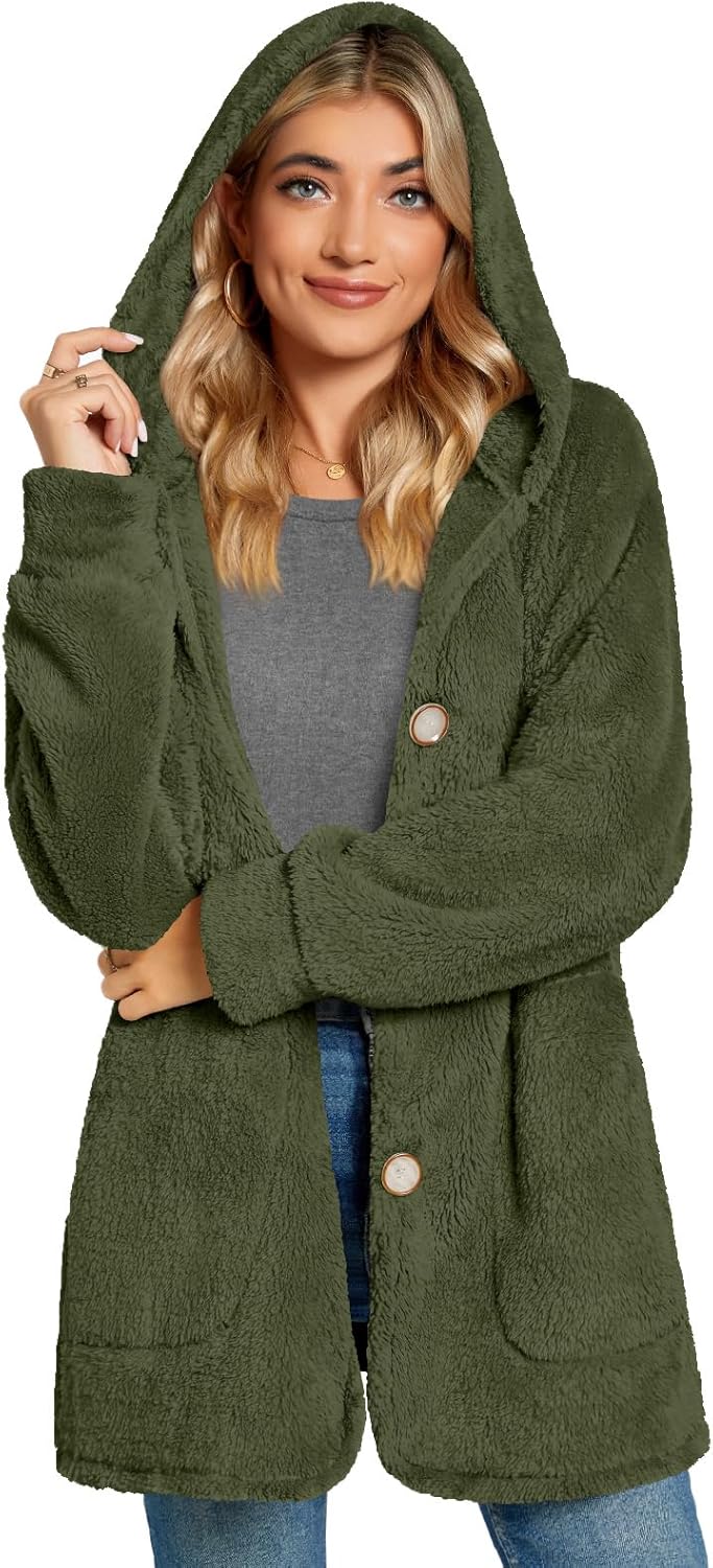 Bestbee Womens Fleece Jackets Fuzzy Hooded Casual Coats Cardigan Sweaters Outerwear with Pockets - Image 2