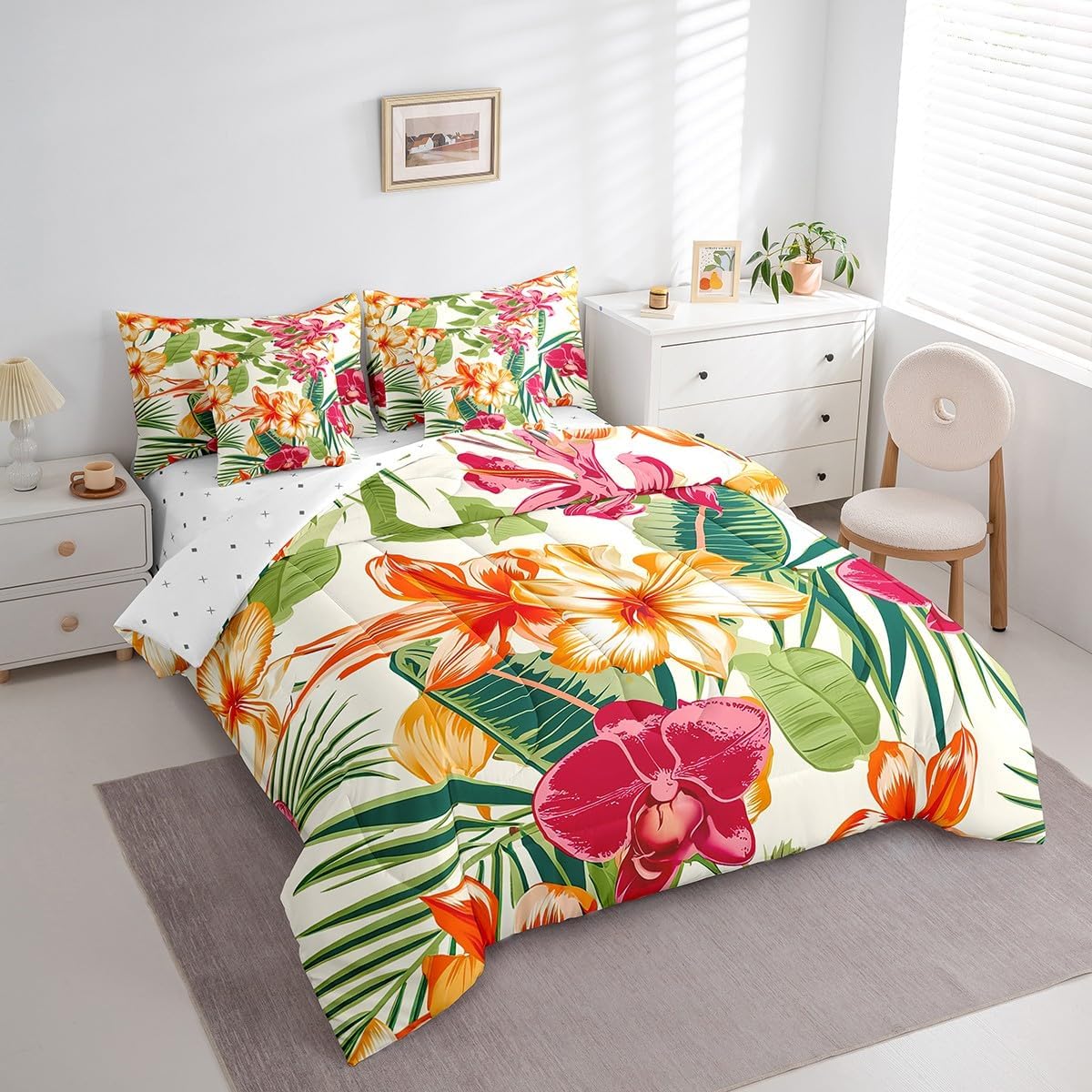 Feelyou Tropical Leaves 7 Pieces Comforter Cover Set Queen Size Palm Leaf Floral Botanical Nature Theme Butterfly Complete Bedding Comforter Sets with Comforter, Sheets, Pillowcases, Cushion Covers