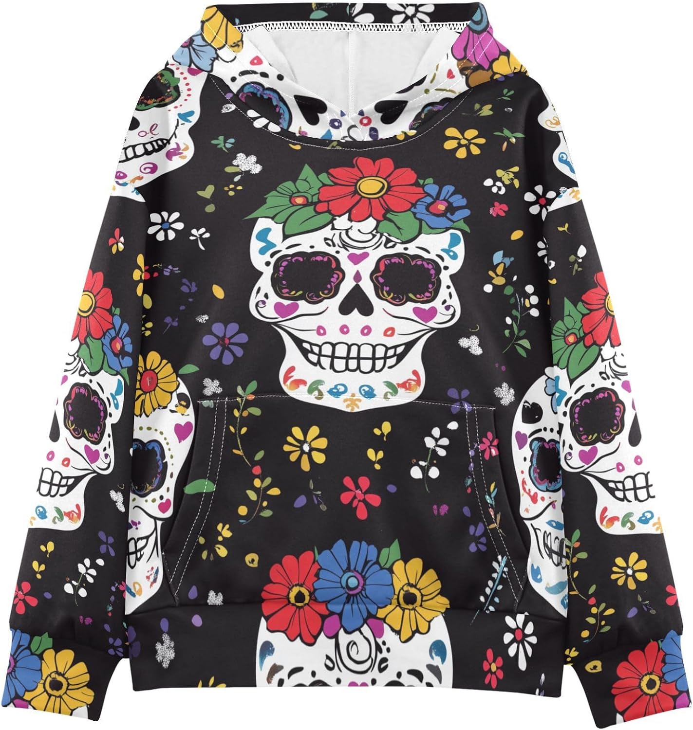 ZZXXB Skull with Colorful Flowers Kids Sweatshirts Boys Girls Hooded Kangaroo Pocket Pullover Tops XS-XXL