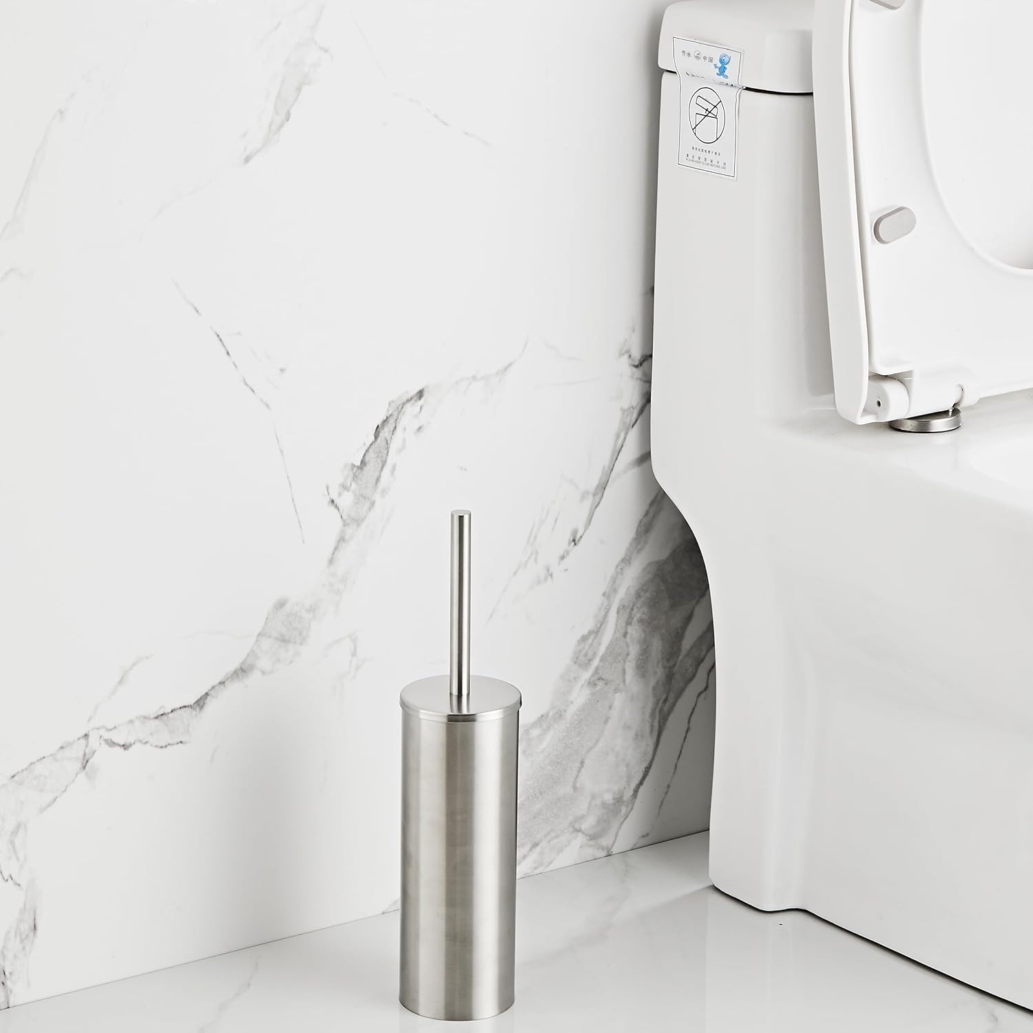 Brushed Nickel Toilet Brush and Holder Set - Stainless Steel Toilet Bowl Scrubber with Replaceable Head & Splash Guard