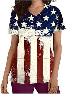 Scrub Tops for Women Independence Day American Flag Print Tops Casual V Neck Tee 4th of July Nursing Working Uniform