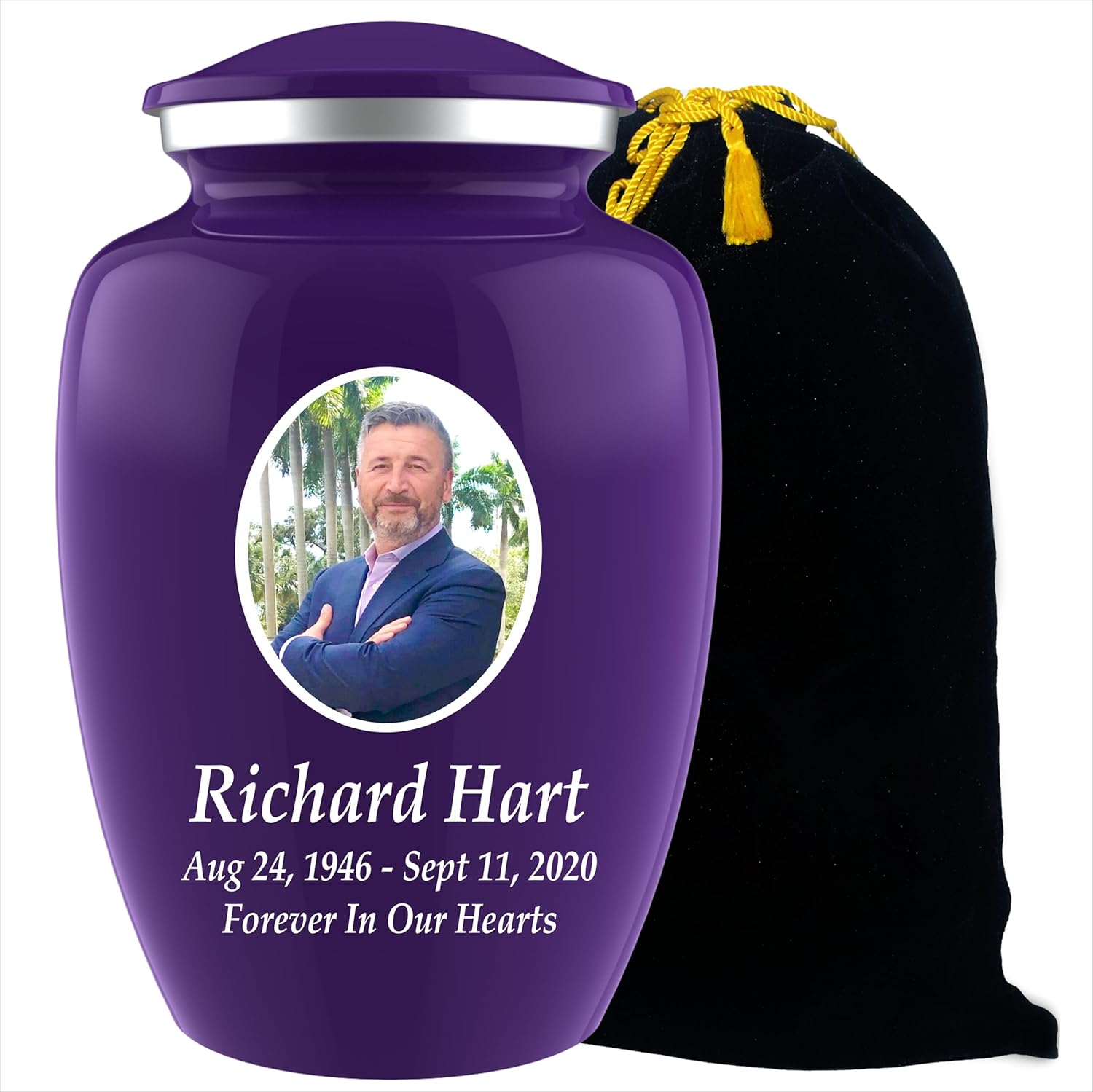 Personalized Photo Cremation Urns for Adult Ashes Male Female - 200lbs Custom Photo Burial Urns for Human Ashes - Engraved Handcrafted Funeral Decorative Urns for Adult with Velvet Bag, Purple