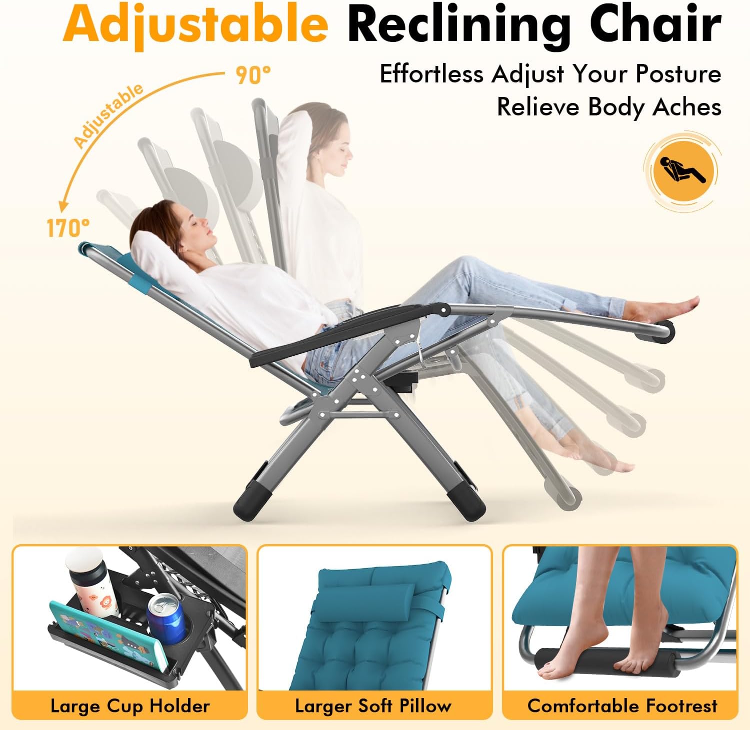 Slendor Oversized Zero Gravity Chairs XL, 29IN Padded Anti Gravity Chair, Zero Gravity Lounge Chair, Folding Reclining Patio Chair w/Aluminum Alloy Lock, Headrest, Cup Holder, Light Blue
