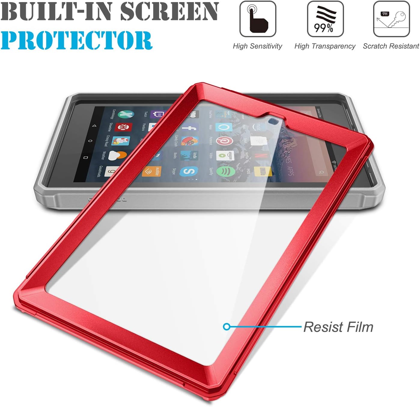 Fintie Shockproof Case for All-New Amazon Fire 7 Tablet (9th Generation, 2019 Release) - Rugged Unibody Hybrid Full Protective Bumper Cover with Built-in Screen Protector, Red