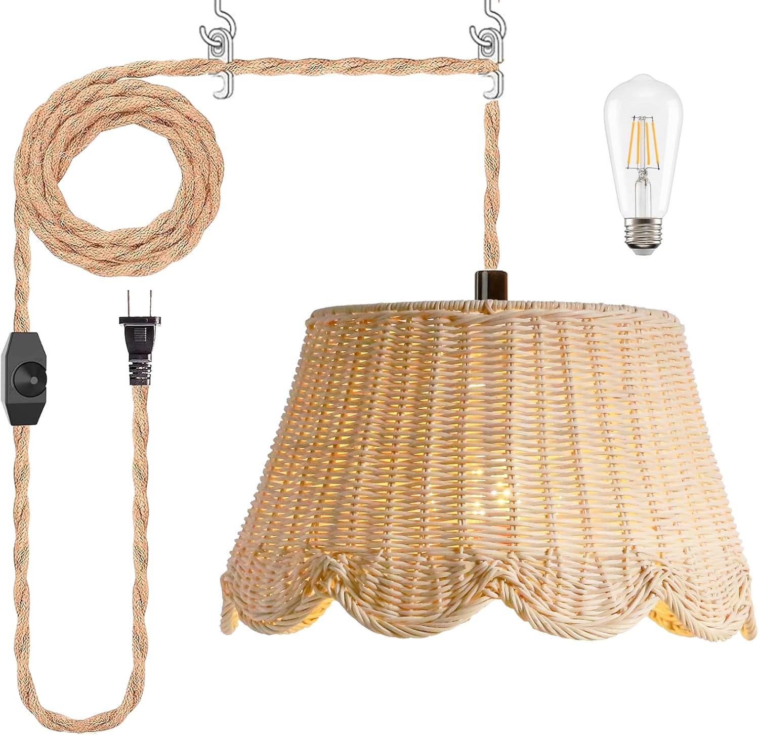 Plug in Scalloped Pendant Light, Rattan Hanging Lights with Plug in Cord 15FT Hemp Rope Cord, Dimmable Switch – Indoor Hanging Lamps for Boho Living Room Bedroom（Bulb Included） (Natural)