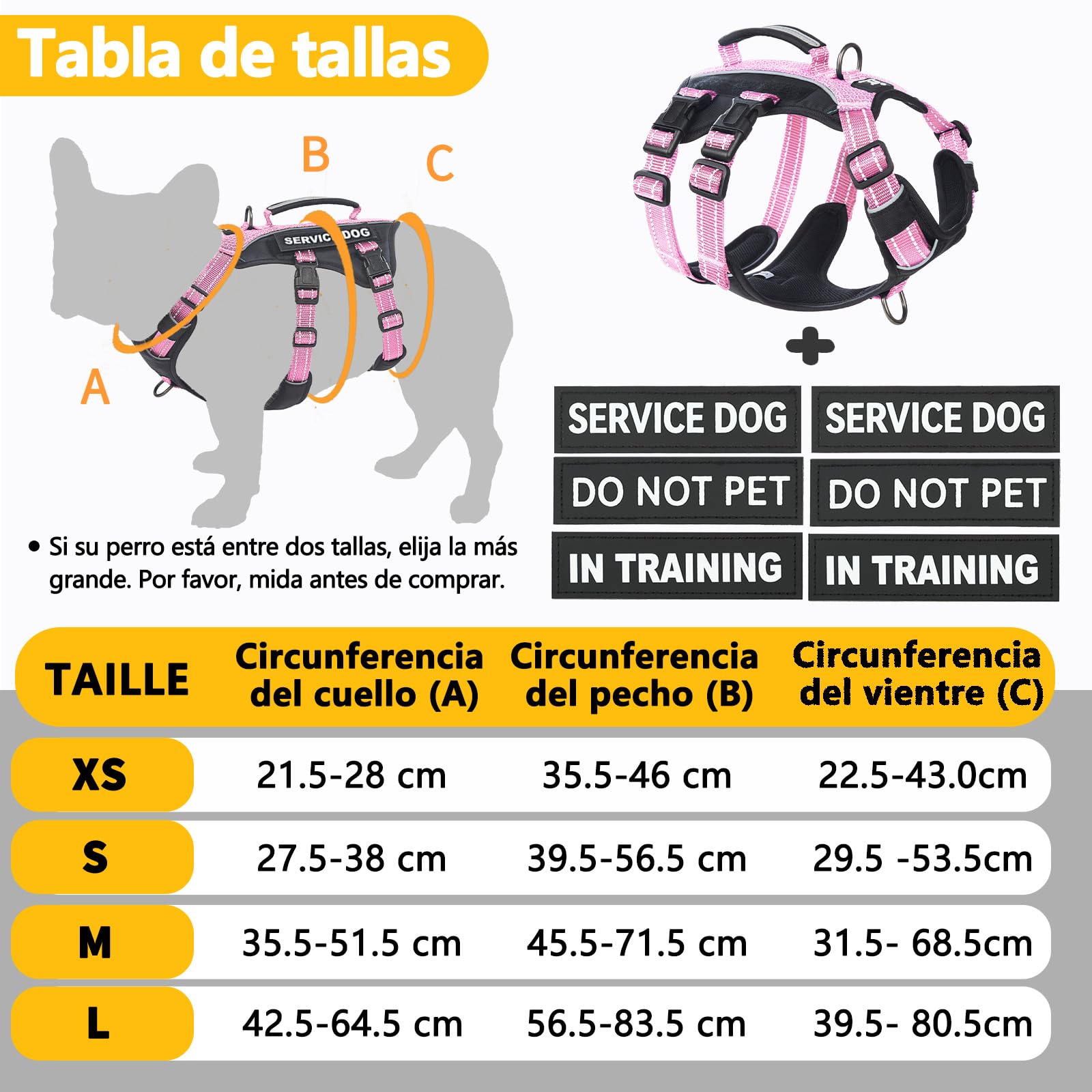 Huntboo Arnes Perro Grande de Servicio con 6 Parches, Arnes Antiescape Perro con Asa, Arnés Antitirones para Perros, Chaleco Reflectante Ajustable, Paseo Y Actividades Al Aire Libre (Rosa,L)
