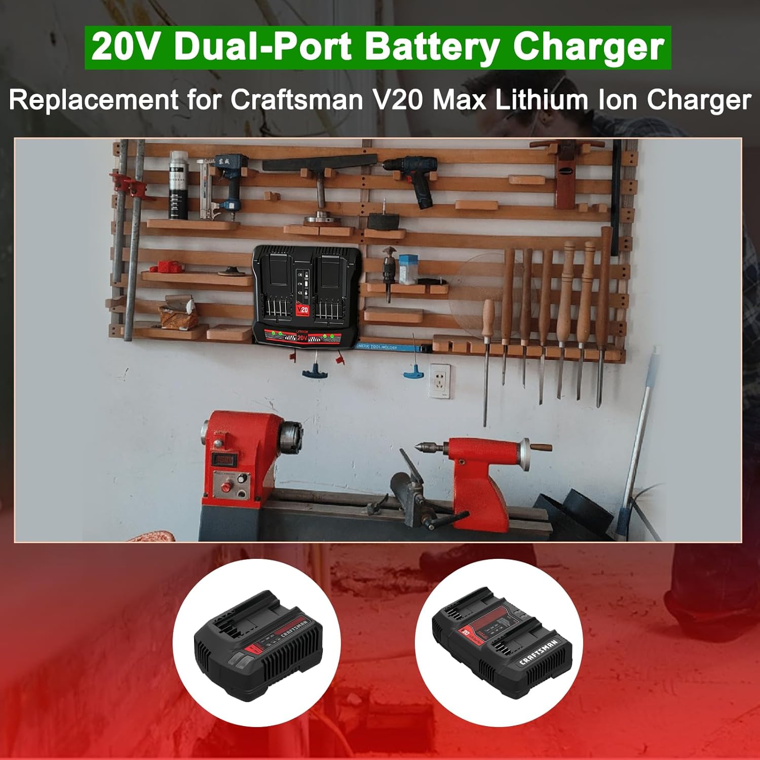 CMCB124 Dual Port 20V Charger Replacement for Craftsman 20V Battery Charger Compatible with Craftsman V20 Lithium Ion Battery CMCB201 CMCB202 CMCB203 CMCB204 CMCB205 CMCB206