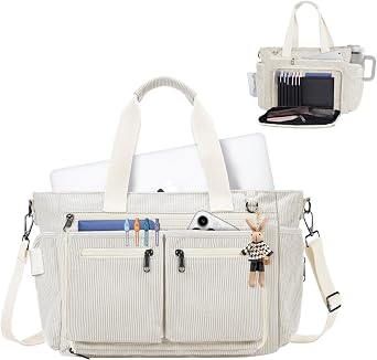 Tiostep Corduroy Tote Bag for Women with 15.6 inch Laptop Compartment Crossbody Messenger Bag for Travel and College Teacher