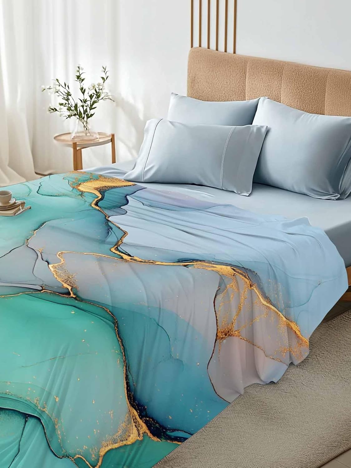 Cal King Size Flat Bed Sheet,Marble Blue Green Microfiber Brushed Single Flat Sheet Only,Abstract Ombre Gold Crack Modern Wave Soft & Breathable Top Sheet Lightweight Quilt Hotel Luxury Bedding