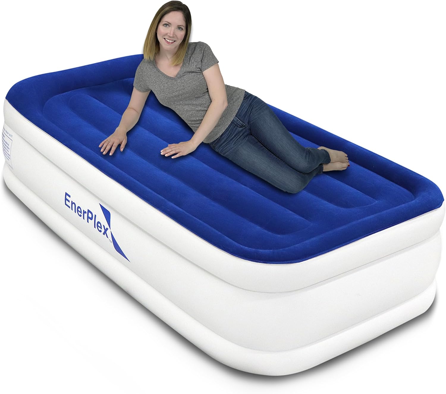 EnerPlex Twin Air Mattress with Built in Pump - 15" Luxury Size Self-Inflating Blow Up Mattress with Neck Support - Inflatable Air Bed for Portable Travel & Home Use (Blue/White)