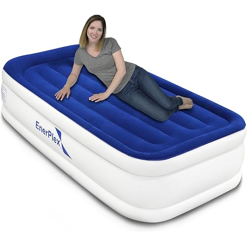EnerPlex Twin Air Mattress with Built in Pump - 15" Luxury Size Self-Inflating Blow Up Mattress with Neck Support - Inflatable Air Bed for Portable Travel & Home Use (Blue/White)
