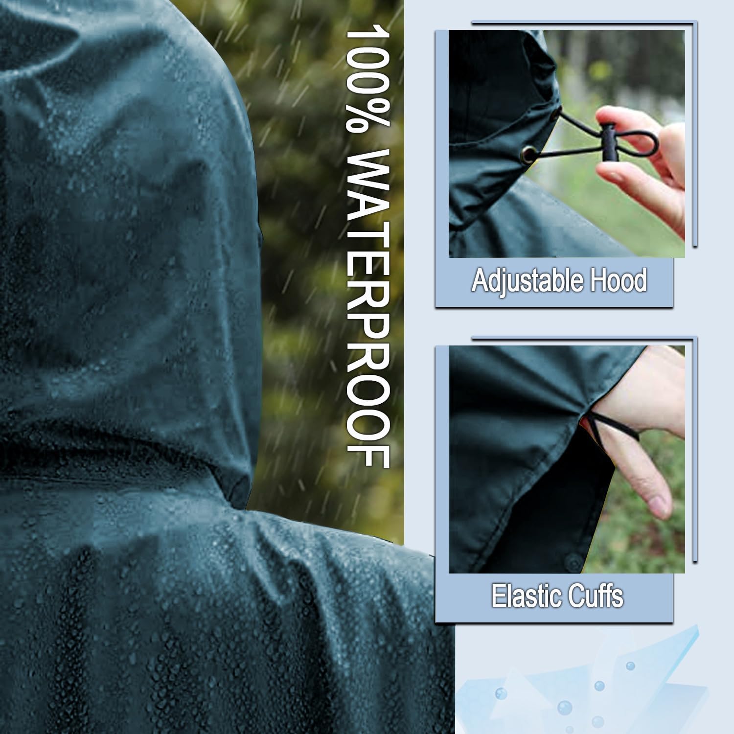 Women's Waterproof Rain Poncho, Lightweight Solid Color Raincoat with Pockets, Packable Hooded Rain Cape for Hiking