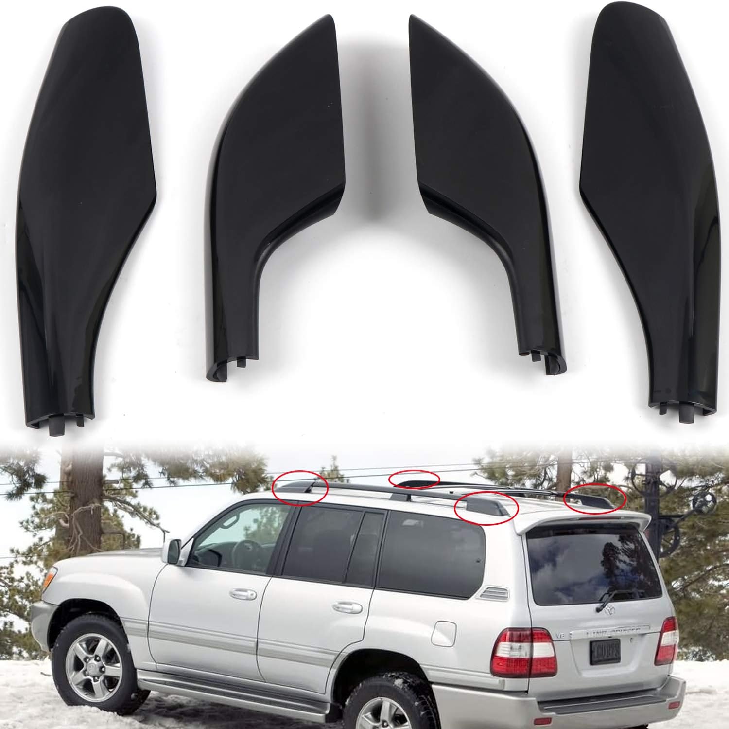 ITrims for Toyota Land Cruiser LC100 FJ100 1998-2002 Car Accessories Exterior Roof Rack Rail End Cover Shell Cap Replacement 4PCS Front Rear Black