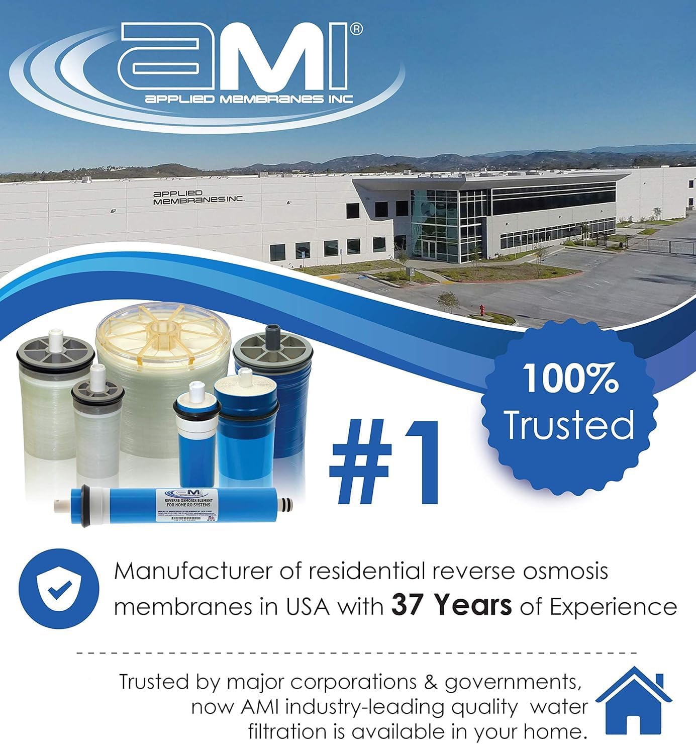 APPLIED MEMBRANES INC. 50 GPD Reverse Osmosis Membrane | RO Membrane Water Filter Replacement for Reverse Osmosis Water Filtration System | 1.8” x 12” Universal Compatibility | Made in USA