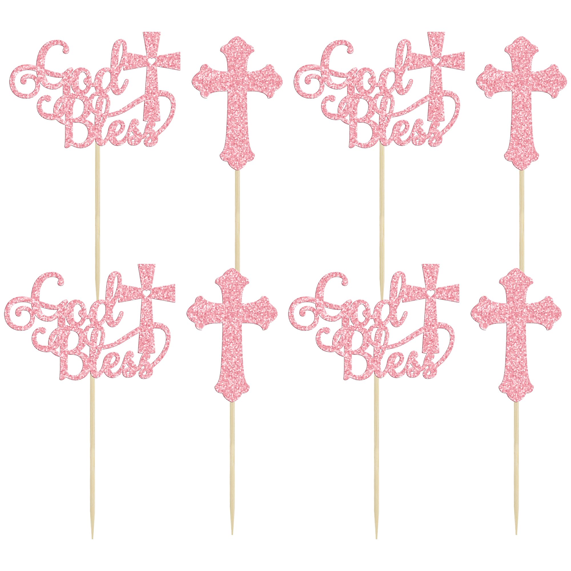 Gyufise 24Pcs God Bless and Baptism Cupcake Toppers Glitter Cross God Bless Cupcake Picks for Christian First Communion Baptism Party Cake Decorations Supplies Pink - Image 3