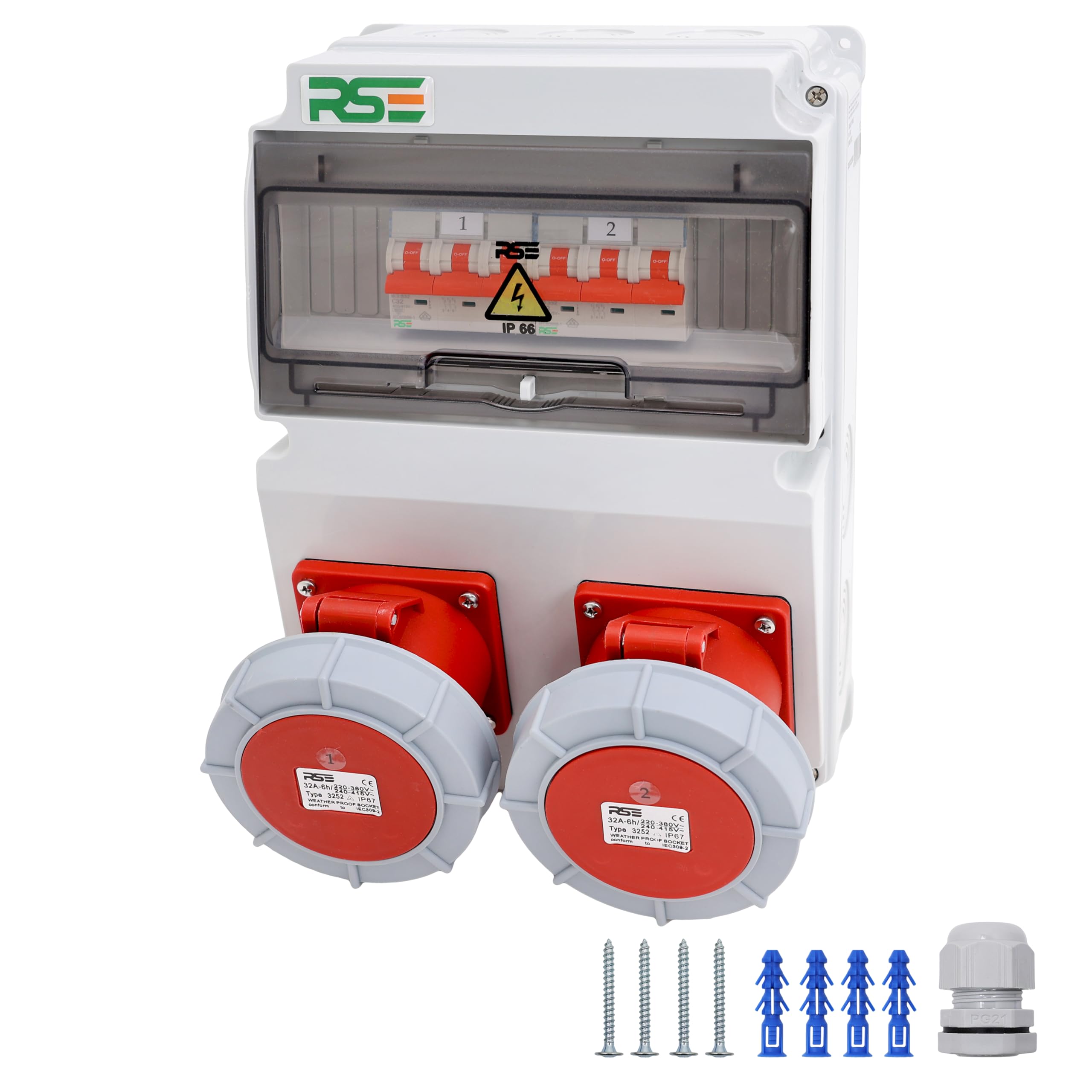 Distributore di corrente da cantiere da parete completamente cablato 32A 16A con presa CEE IP67, 9. 2X32A IP67 con RSE LS