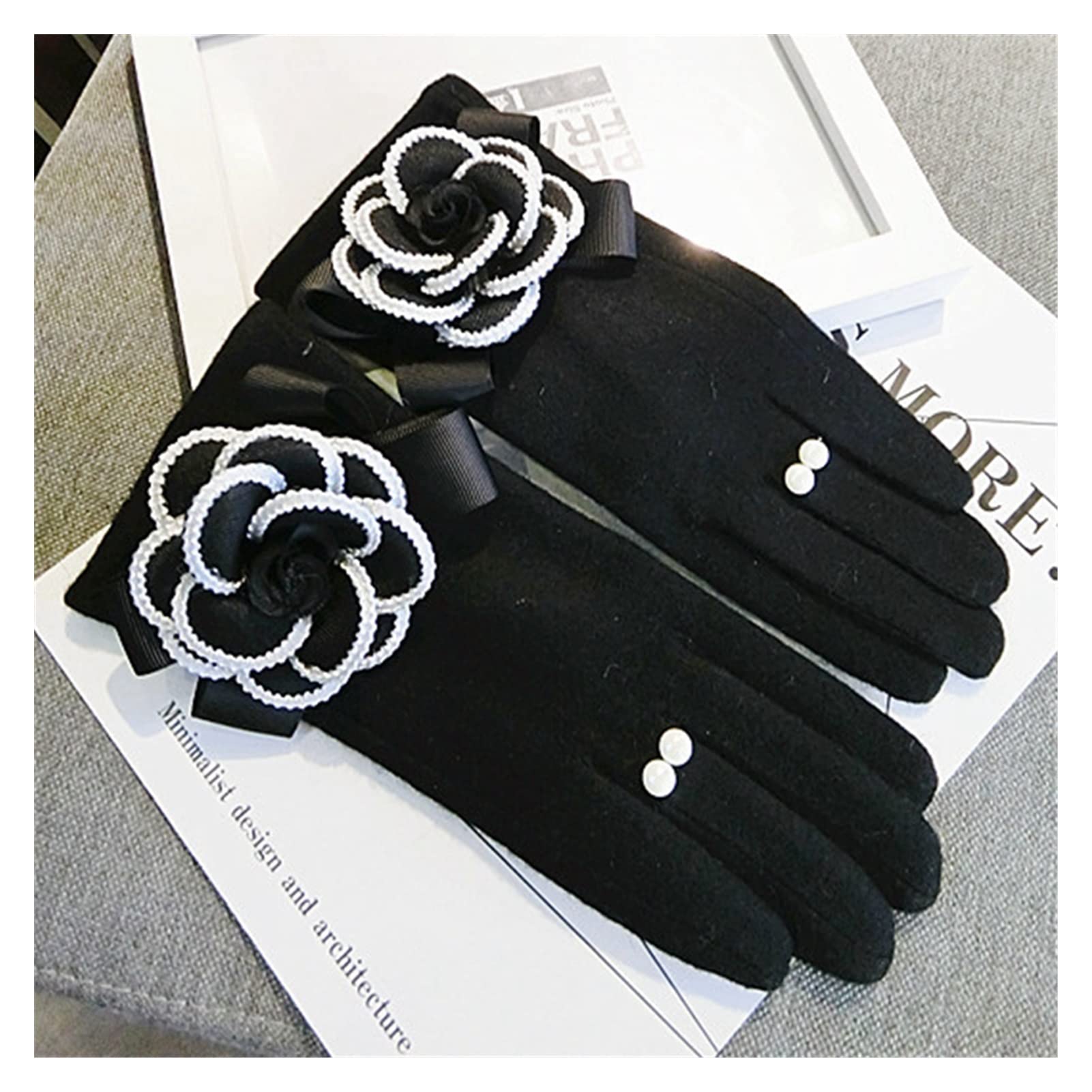 Guantes Invierno Mujer Guantes de Invierno Mujeres Guantes Cashmere Mittens Femenino Flower Flower Warm Wool Guantes Mujeres Conduciendo Guantes Guantes Esqui (Color : Black)