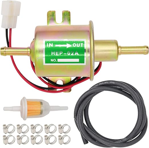 Universal Electric Fuel Pump Kit 12V (3-6PSI) inline Low Pressure Fuel Pump HEP-02A + 2 Meter/6.56-Foot 5/16" ID Fuel Line + 1/4 Inch & 5/16 Inch Fuel Filters + 10pcs 10-16mm Hose Clamp