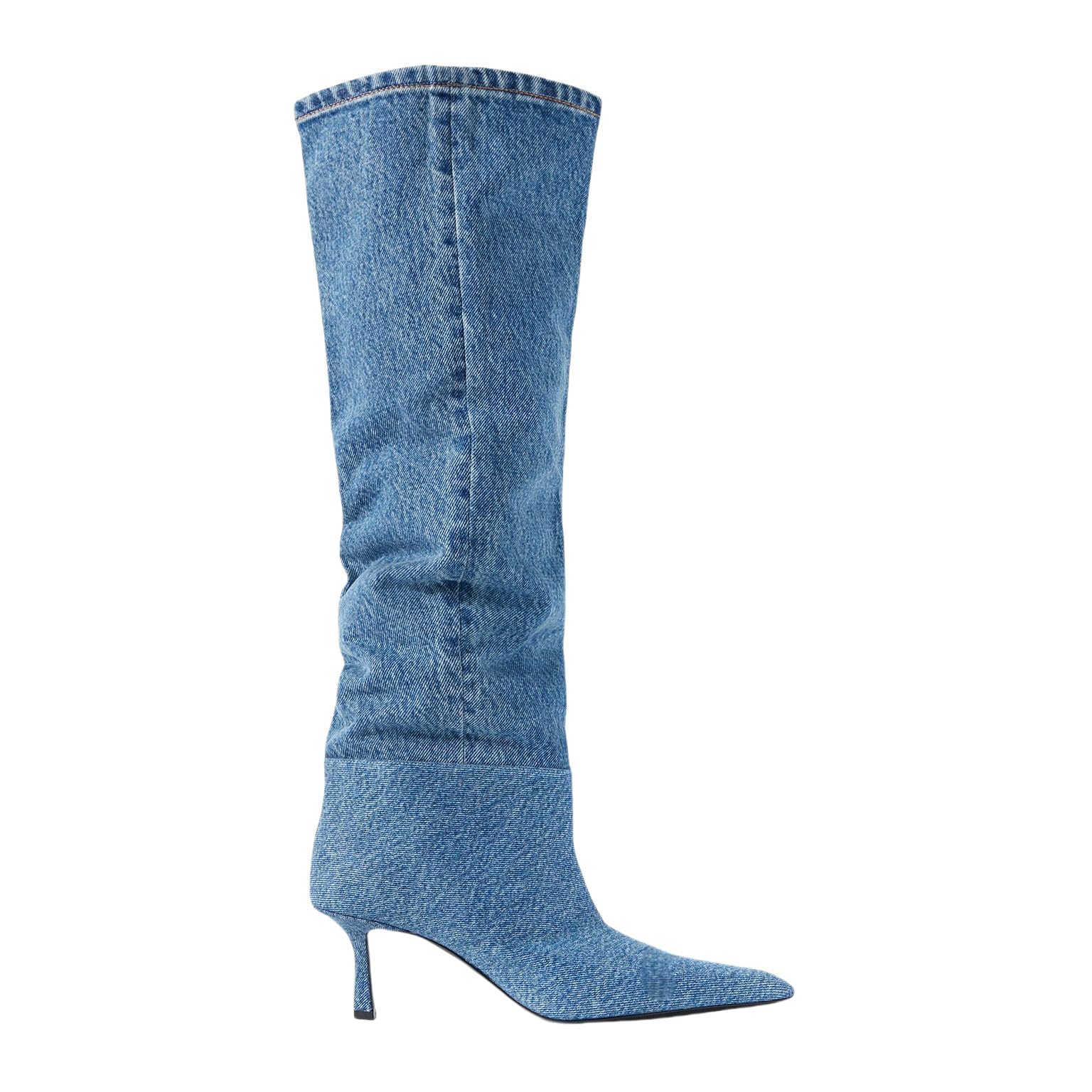 Saint Leia Womens Knee High Boots Pointed Toe Denim 2 76Inch Stiletto Heel Boots