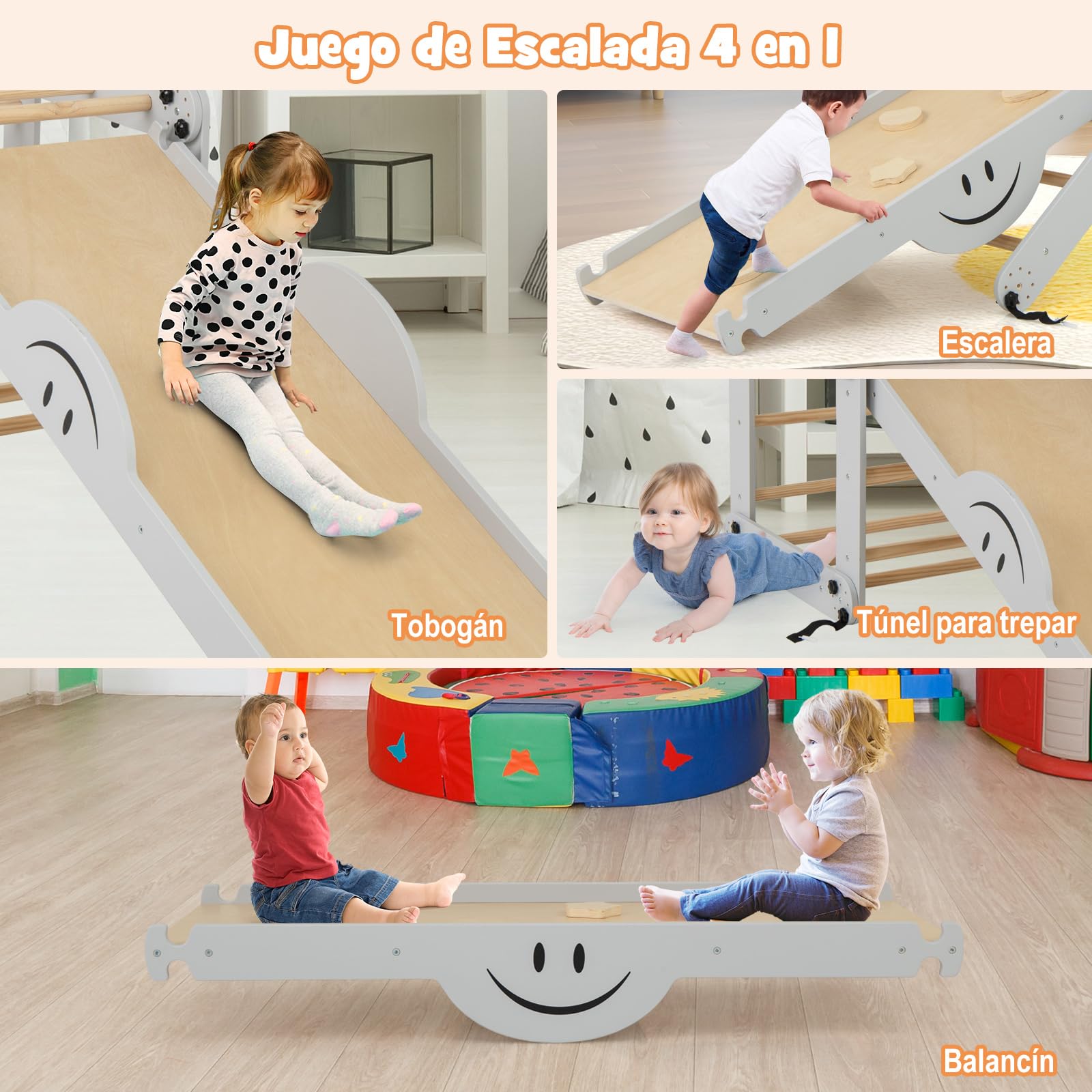 COSTWAY Juego de Escalada Montessori, Escalador de Madera Plegable con Rampa Ajustable y Reversible, Rocas de Escalada Coloridas y Balancín, Gimnasio de Escalada Interior para Niños (Gris)