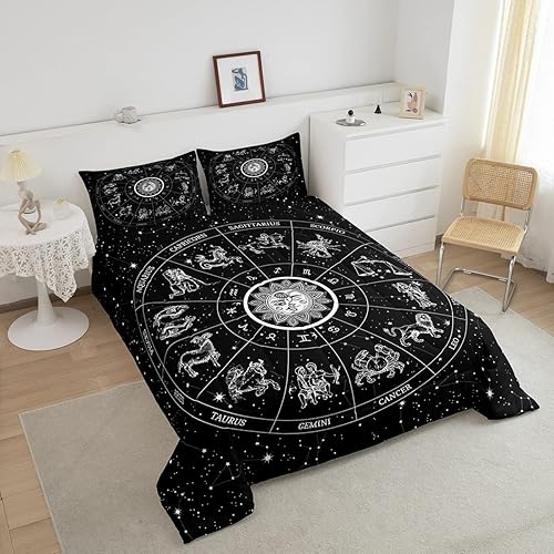 Miniatura 2 de Erosebridal Juego de edredón de sol y luna, tamaño matrimonial, juego de ropa de cama de doce constelaciones del zodiaco con estrellas con
