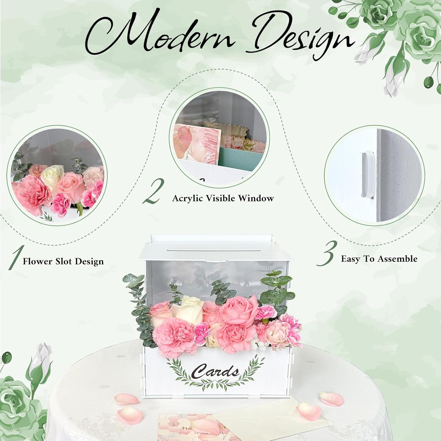 OurWarm Wooden Wedding Card Box with Acrylic Board & Flower Trough, White Gift Card Box for Wedding, Envelope Boxes for Gifts Bridal Shower Decorations Party Reception Anniversary Baby Shower