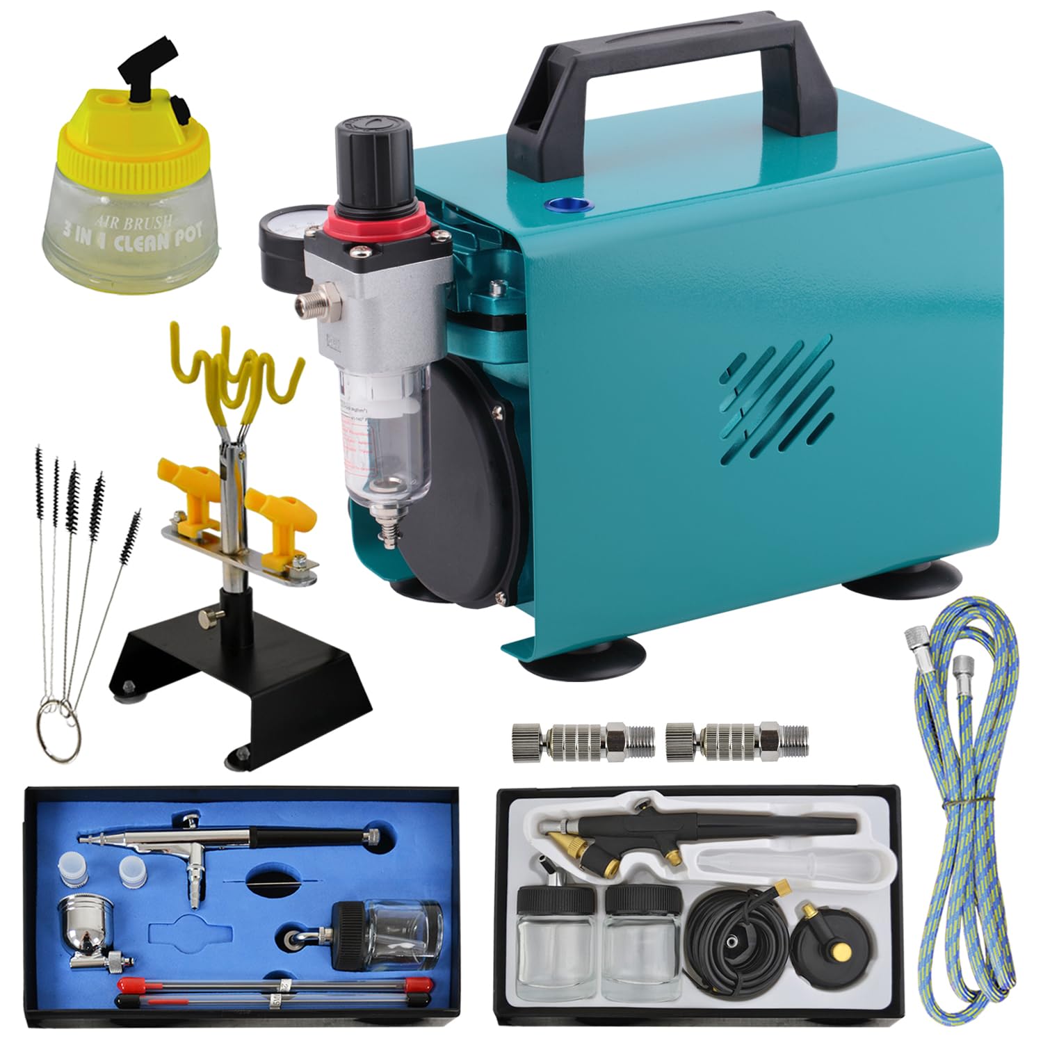 Limitowany super profesjonalny zestaw do aerografu Car Design I z bardzo cichym kompresorem Airbrush, 2 pistoletami, uchwytem manometrem, 3 w 1 Cleaning Pot, 5 szt. szczotek do czyszczenia i małych akcesoriów