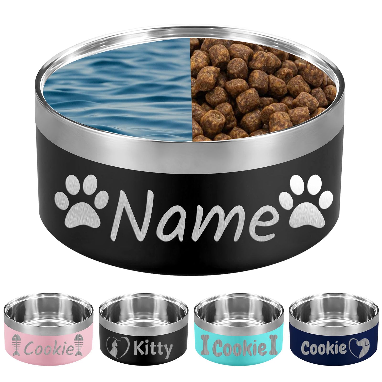42OZ Personalized Dog Bowl Laser Engraved Custom Pet Name 18/32/42/64 oz No Slip Stainless Steel Insulated Bite-Resistant Food Water Dishes-Black