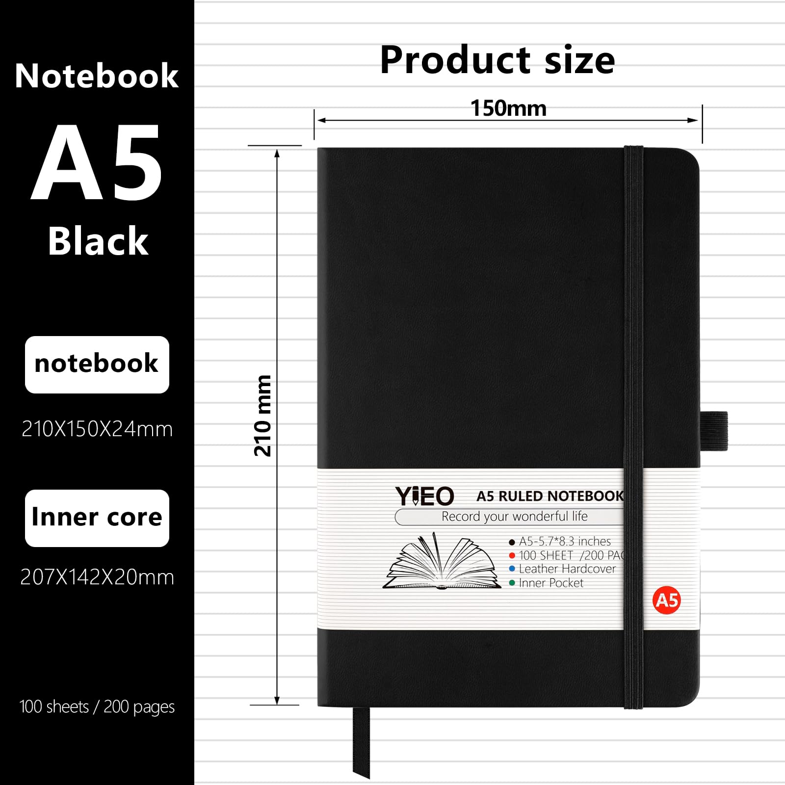 YIEO Notebook A5, 2 Pack Hardback Journal Notebook with 398 Lined Pages 80 GSM Leather Notepad with Bookmark - Image 2