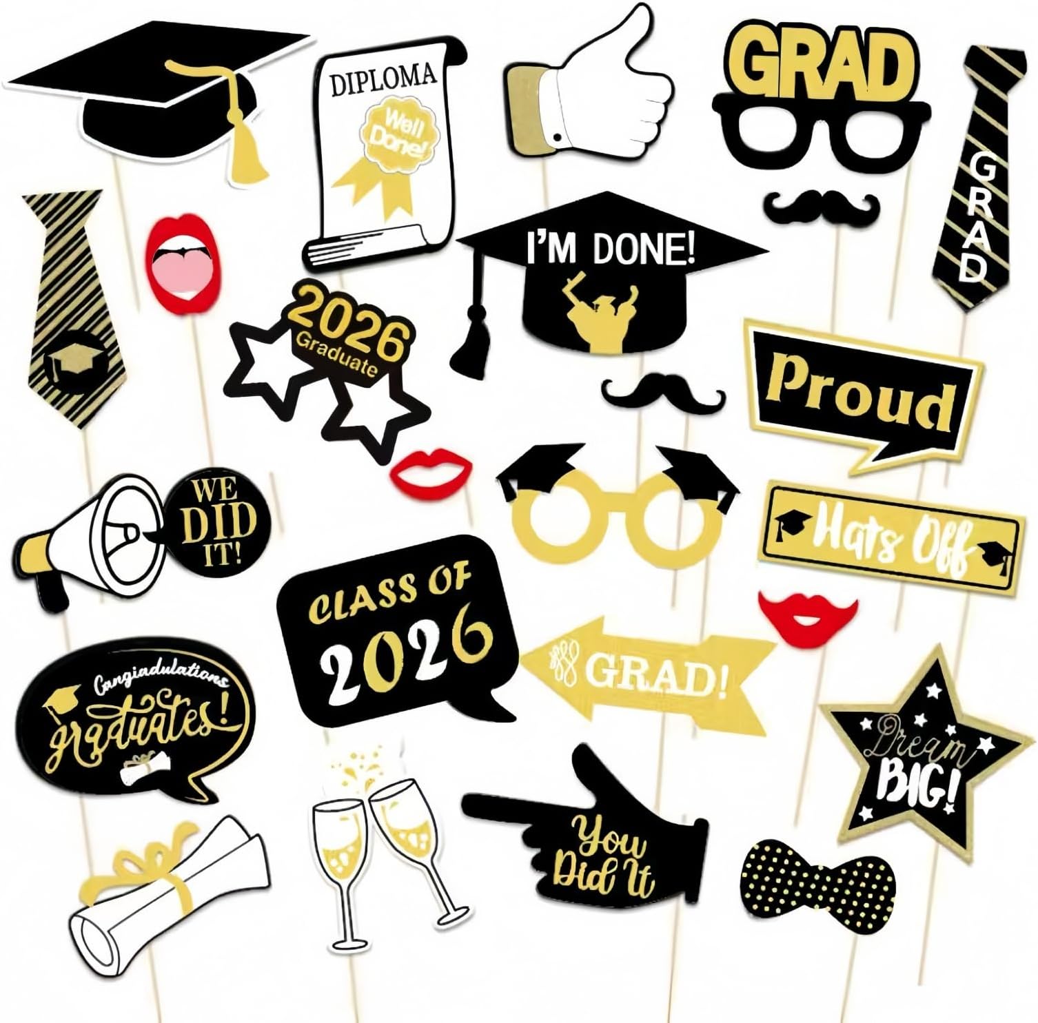 Aisszhao 25P Graduation Photo Booth Props 2023 Graduation Decor, Paper Props Fancy Paper Eyeglasses Congrats Glitter Class 2023 Celebrations Family Graduating Party Supplies，120 x 190 cm (BYE123)