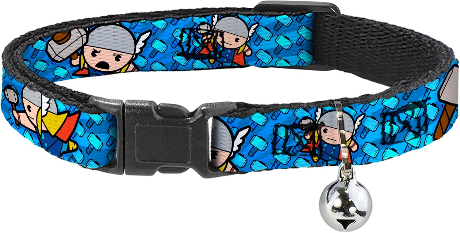 Buckle-Down Cat Collar Breakaway Kawaii Thor Poses Hammer Monogram Blues 8 to 12 Inches 0.5 Inch Wide