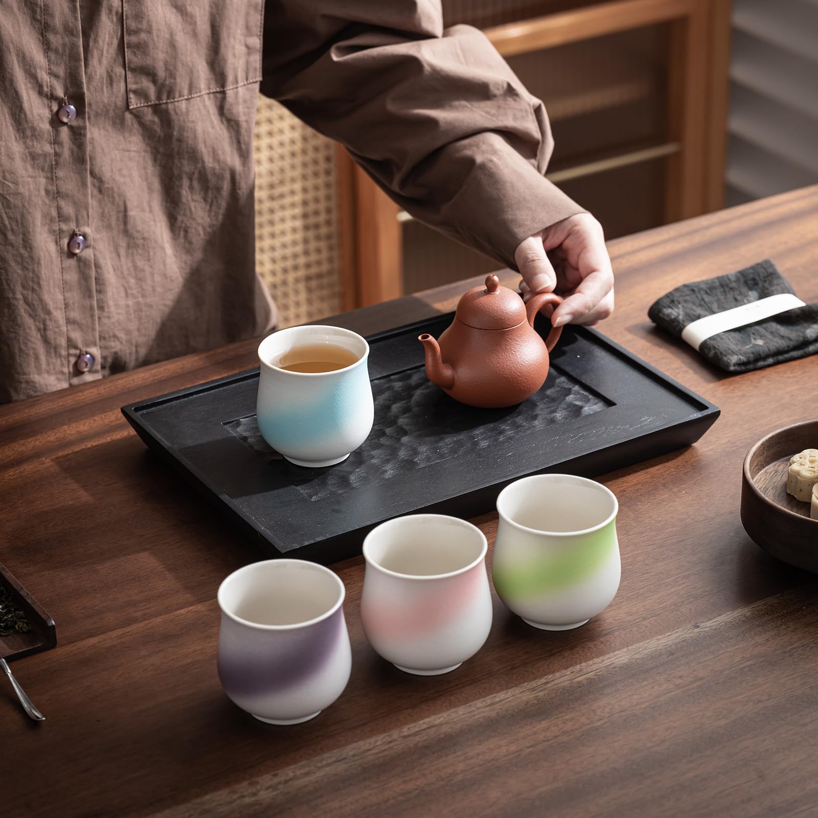 Lot de 4 tasses à expresso en céramique de 130 ml – Tasses à cappuccino – Tasses en demi-tasse pour café ou thé – Tasses à café au latte sans poignées (rose tourné au kiln tourné)